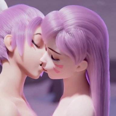 overwatch, d.va, kiriko (overwatch), ent duke, 2girls, alternate hair color, closed eyes, holding hands, kissing, long hair, nude, purple hair, saliva, saliva trail, standing