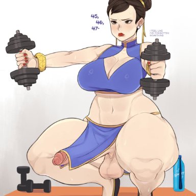 street fighter, chun-li, piccolonsfw, 1futa, balls, big breasts, big penis, bottomless, breasts, clothed, clothing, erection, erection under clothes, erection under loincloth, futa only