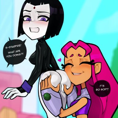 cartoon network, dc, teen titans, teen titans go, koriand'r, rachel roth, raven, raven (dc), starfire, loodncrood, 2girls, ass, ass grab, ass worship, blush