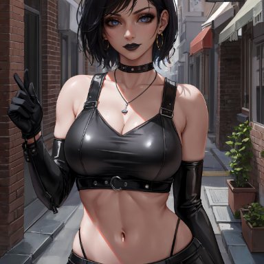 original character, secret room12, stable diffusion, 1girls, black clothing, black hair, black lipstick, blue eyes, cleavage, clothed female, collar, earrings, elbow sleeve, gloves, goth