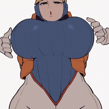 apex legends, wattson (apex legends), horu, big breasts, blonde hair, clothed, grabbing breasts, grabbing from behind, groping, groping breasts, hearts, hearts around head, open mouth, white background, animated