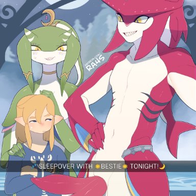 nintendo, tears of the kingdom, the legend of zelda, link, prince sidon, yona (zelda), zora, ra4s, 2 penises, accessory, animal genitalia, animal penis, anthro, aroused, blush