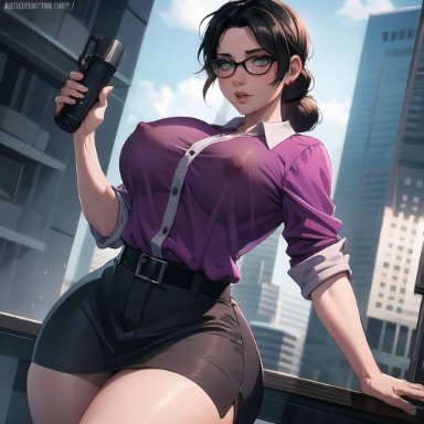 team fortress 2, tf2, miss pauling, cixf, big breasts, city background, cityscape, dark hair, erect nipples, erect nipples under clothes, glasses, huge breasts, nipples visible through clothing, office lady, see-through