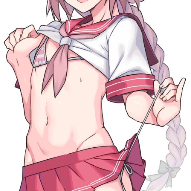 fate/apocrypha, fate/grand order, fate (series), astolfo (fate), ae (aeiu4114), 1boy, bare arms, bikini, bikini under clothes, blush, bow, braid, bulge, clothing, crop top