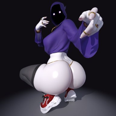shadow wizard money gang, popogori, ass, back view, big ass, black stockings, fat ass, female, female focus, female only, g-string, gold g-string, gold ring, hoodie, looking at viewer