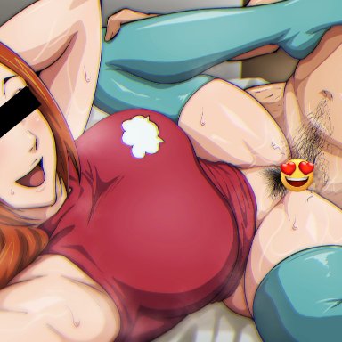 bleach, inoue orihime, iwao178, 1girls, age difference, bed, blue stockings, bottomless, brown eyes, cleavage, clothed sex, deep penetration, emoji, emoji censor, footwear