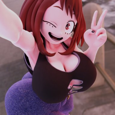 boku no hero academia, my hero academia, ochako uraraka, uraraka ochako, neenbeanmachine, breasts, cleavage, cleavage cutout, cute, huge ass, huge breasts, peace sign, selfie, tagme