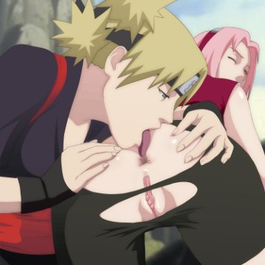 naruto, naruto (series), naruto shippuden, haruno sakura, sakura haruno, temari, rex, 2girls, anilingus, ass, bent over, big ass, bike shorts, blonde hair, closed eyes