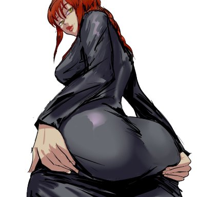 chainsaw man, makima (chainsaw man), lysanthum, 1girls, ass, ass grab, big ass, breasts, dress, female, light skin, lipstick, looking at viewer, looking back, presenting ass