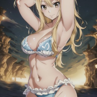 fairy tail, lucy heartfilia, stable diffusion, 1girls, armpits, arms behind head, big breasts, bikini, blonde hair, brown eyes, busty, cleavage, female, female only, large breasts