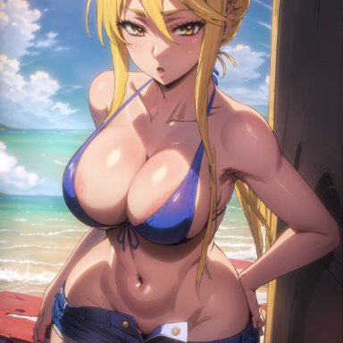 highschool of the dead, shizuka marikawa, stable diffusion, 1girls, blonde hair, curvaceous, curvy body, curvy female, curvy figure, female focus, female only, huge breasts, short shorts, solo female, voluptuous