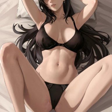 final fantasy, final fantasy vii, square enix, tifa lockhart, gyunzai, 1girls, armpits, big breasts, black bra, black hair, black panties, blush, bottomwear, bra, breasts