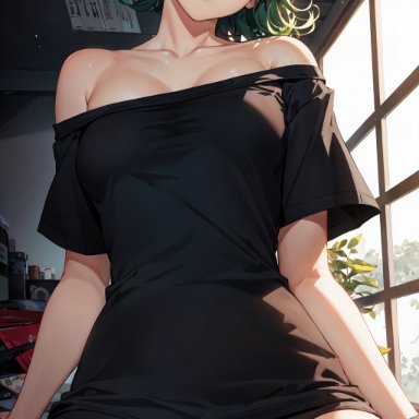 one-punch man, tatsumaki, stable diffusion, 1girls, baggy shirt, bare shoulders, big shirt, biker shorts, black shirt, boyfriend shirt, chest, clothed female, green eyes, green hair, looking at viewer