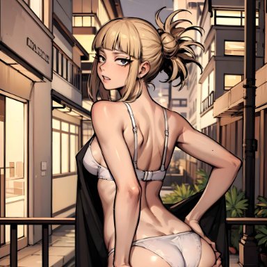 my hero academia, himiko toga, toga himiko, taker ai, 1girls, blonde hair, detailed background, exhibitionism, female, lingerie, nudist, short hair, white panties, yellow eyes, 4k