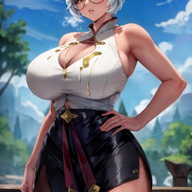 tears of the kingdom, the legend of zelda, purah, purah (tears of the kingdom), stable diffusion, curvy body, curvy female, curvy figure, female focus, female only, glasses only, huge breasts, solo female, solo focus, voluptuous