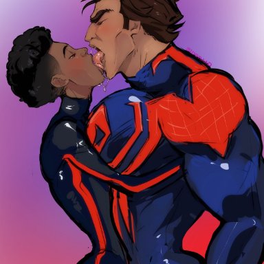 marvel, marvel comics, spiderverse, miguel o'hara, miles morales, spider-man, lilprincyvi, 2boys, african, african male, age, age difference, biceps, big arms, black body