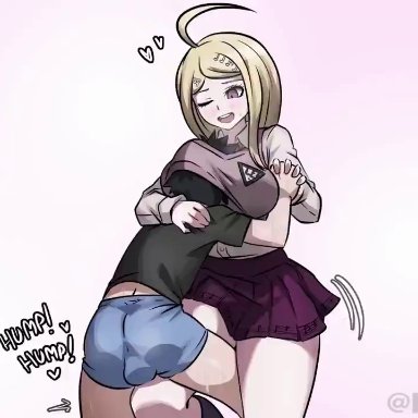 danganronpa, danganronpa 2: goodbye despair, akamatsu kaede, mosbles, 1boy, 1boy1girl, 1girls, blonde female, blonde hair, breast smother, cum, cum in pants, cum on leg, cum on legs, cum on lower body