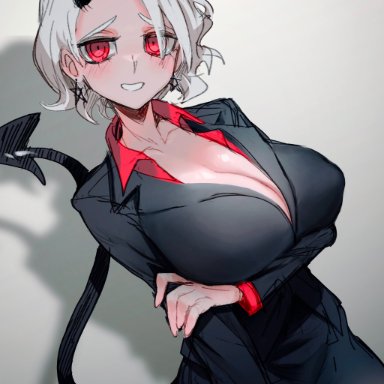 helltaker, character request, generic (helltaker), noaharbre, black outfit, cleavage, demon, demon girl, demon horns, demon tail, female only, fully clothed, horns, huge breasts, looking at viewer