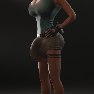 tomb raider, tomb raider (survivor), lara croft, lara croft (survivor), artist request, armpits, big breasts, big penis, black belt, black fingerless gloves, black gloves, blue shirt, boob window, boots, brown eyes