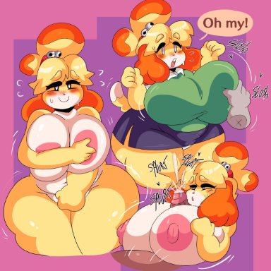 animal crossing, nintendo, isabelle (animal crossing), lewd dorky, blush, canine, cum, cumming, disembodied hand, female, furry, hand on breast, huge ass, huge breasts, paizuri