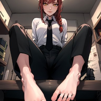 chainsaw man, makima (chainsaw man), puffyart, 1girls, barefoot, braid, braided hair, chains, dominant female, feet, feet together, femdom, foot fetish, foot focus, indoors