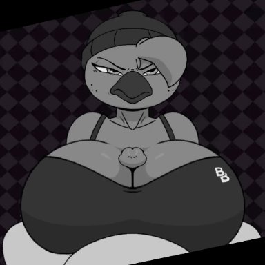 beat banger, zoe monroe, komdog, 1boy, 1girl1boy, 1girls, angry, anthro, arms behind head, avian, balls, beak, beanie, big breasts, big penis