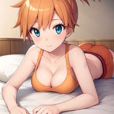 game freak, nintendo, pokemon, pokemon (anime), pokemon (classic anime), pokemon rgby, gen 1 pokemon, kasumi (pokemon), stable diffusion, ass, asymmetrical hair, bed, blue eyes, blush, breasts