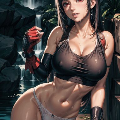 final fantasy, tifa lockhart, ai art panwho, stable diffusion, 1girls, black hair, curvaceous, curvy body, curvy female, erect nipples, female focus, female only, huge breasts, nipple bulge, panties