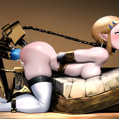 nintendo, tears of the kingdom, the legend of zelda, princess zelda, zelda (tears of the kingdom), stable diffusion, 1girls, arms behind back, arms restrained, bent over, blonde hair, blonde hair female, blue eyes, bondage, chain leash