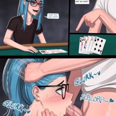 blu (bdone), bdone, 2boys, balls, blowjob, blue eyes, blue hair, blush, blush lines, card, card game, cards, deep blowjob, deepthroat, eyes rolling back