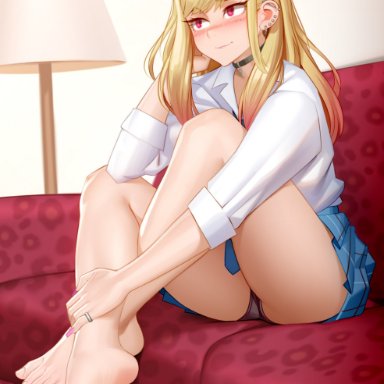 kitagawa marin, kairuhentai, 1girls, barefoot, blonde hair, blush, choker, clothed, ear piercing, earrings, embarrassed, feet, female only, foot fetish, full body