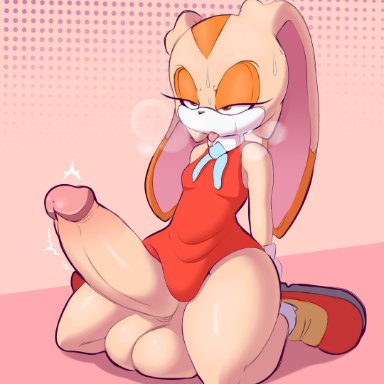 sega, sonic (series), sonic the hedgehog (series), cream the rabbit, unknown artist, 1futa, anthro, balls, big balls, big penis, black eyelashes, black nose, blue ribbon, bodily fluids, breasts