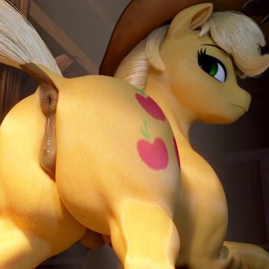 my little pony, applejack (mlp), clopician, animal genitalia, barn, cutie mark, looking at viewer, looking back, presenting, squirting, tail, thick ass, thick thighs, wet pussy, animated