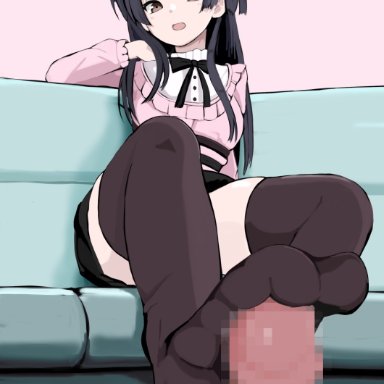 idolmaster, idolmaster shiny colors, mayuzumi fuyuko, black hair, black legwear, female, femdom, foot fetish, footjob, legwear, looking at viewer, penis, thighhighs, censored, mosaic censoring