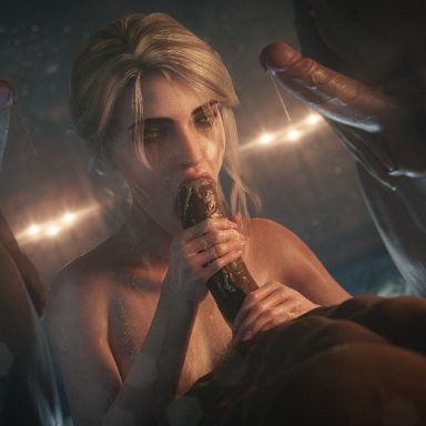 cd projekt red, the witcher (series), the witcher 3: wild hunt, ciri, ceeeeekc, 1girls, 5boys, ambiguous penetration, areolae, athletic female, athletic male, bed, bed sheet, blowjob, breasts