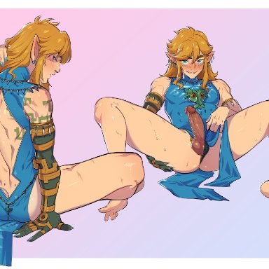 breath of the wild, tears of the kingdom, the legend of zelda, frostbite link, link, link (breath of the wild), link (tears of the kingdom), kukumomo, 1boy, ass, back view, balls, blonde hair, blue eyes, blush