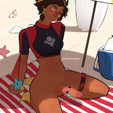 league of legends, league of legends: wild rift, pool party series, pool party taliyah, taliyah, theredhoodbunny, 1futa, balls, beach, big nose, big penis, black shirt, bottomless, breasts, brown body