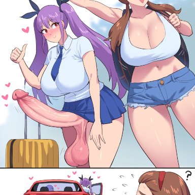 original, original character, zheng, 1futa, 1girls, balls, bottomless, breasts, brown hair, clothed, clothing, duo, erection, female, fully clothed