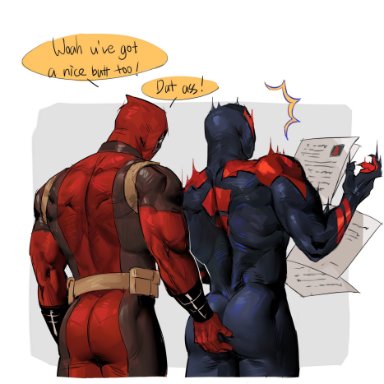 marvel, marvel cinematic universe, marvel comics, spider-man (series), spider-man 2099, deadpool, miguel o'hara, spider-man, gat, lkikai, 2boys, abs, ass, backwards, backwards clothing