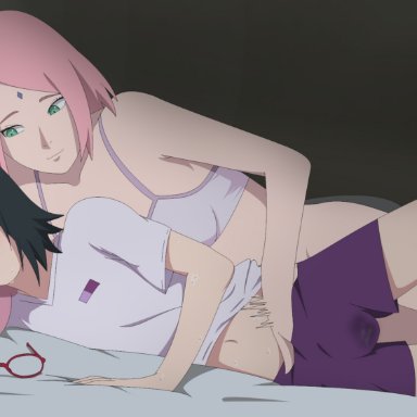 boruto: naruto next generations, naruto, naruto (series), haruno sakura, sakura haruno, sarada uchiha, uchiha sarada, optimystic, 2girls, adult, age difference, barely clothed, bedroom, black hair, blush