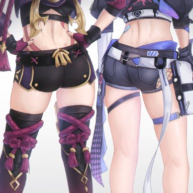 genshin impact, honkai: star rail, honkai (series), kuki shinobu, silver wolf (honkai: star rail), zeranium, 2girls, ass, black gloves, black jacket, black shorts, crop top, feet out of frame, fingerless gloves, gloves