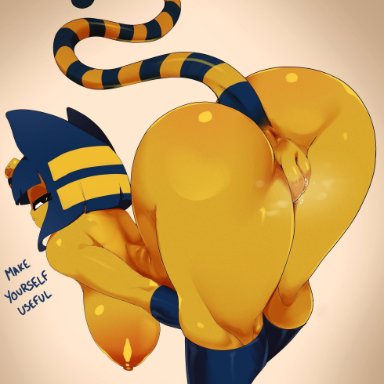 animal crossing, nintendo, ankha, ankha (animal crossing), ashraely, 1girls, animal ears, anthro, anus, ass, bent over, big ass, big breasts, black eyes, blue hair