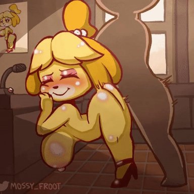 animal crossing, nintendo, isabelle (animal crossing), mossyfroot, 1boy, 1boy1girl, 1girl1boy, 1girls, anal, anal grip, anal sex, arched back, ass, big ass, big breasts