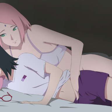 boruto: naruto next generations, naruto, naruto (series), haruno sakura, sakura haruno, sarada uchiha, uchiha sarada, optimystic, 2girls, adult, age difference, almost naked, barely clothed, bedroom, black hair