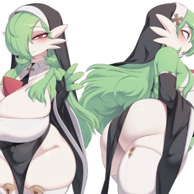 nintendo, pokemon, gardevoir, pok&#233;mon (species), sirnight, cervina7 (artist), 1girls, alternate hairstyle, anthro, ass, bottomless, breasts, dat ass, elbow gloves, female