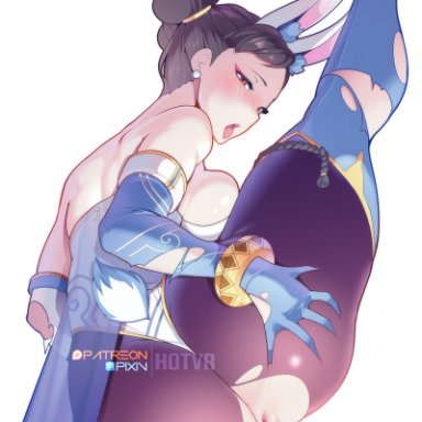 street fighter, street fighter 6, chun-li, hotvr, animal ear fluff, animal ears, ass, black hair, blue gloves, blue thighhighs, breasts, brown eyes, double bun, earrings, elbow gloves