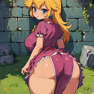 mario (series), princess peach, mabi ai, 1girls, all fours, ass, ass focus, bent over, big breasts, blonde hair, blue eyes, blush, breasts, cleavage, clothing