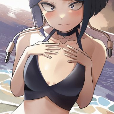 boku no hero academia, my hero academia, jirou kyouka, kyoka jiro, 1girls, beach, beautiful, blush, breasts, cute, female, girl, hands on breasts, necklace, only female