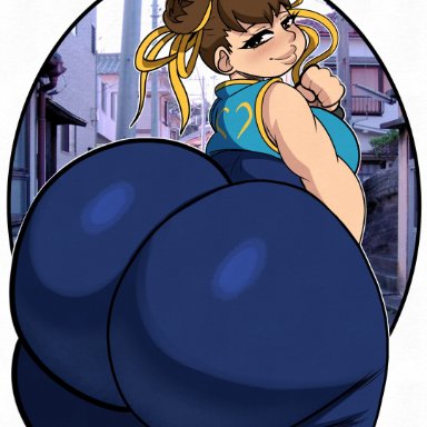 street fighter, chun-li, inuzu, asian, ass, big ass, blush, brown eyes, brown hair, bun hair, dumptruck ass, female, female only, huge ass, large ass