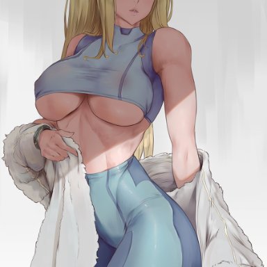 metroid, nintendo, samus aran, araneesama, 1girls, blonde hair, blue crop top, blue eyes, blue pants, breasts, crop top, fur-trimmed jacket, high-waist pants, jacket, jacket partially removed